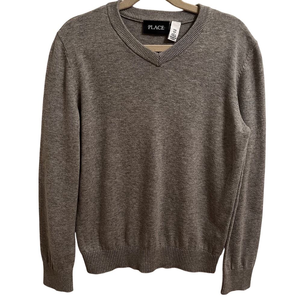 Childrens Place Size 7/8 M Boys Gray Sweater V-Neck 100% Cotton